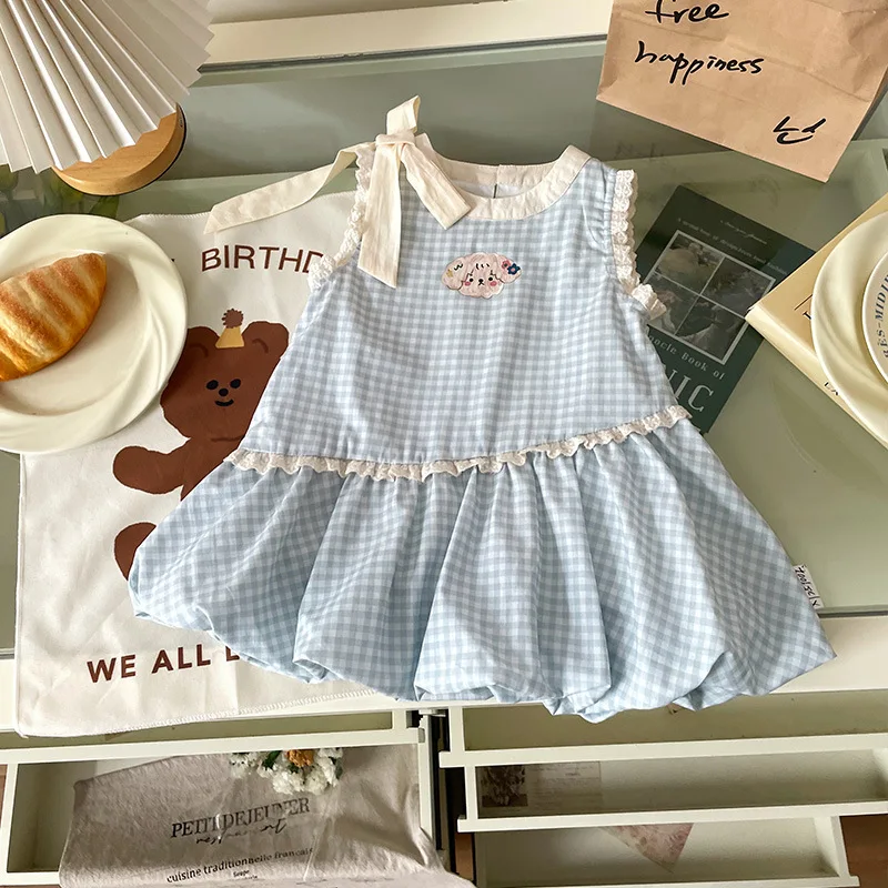 Baby Girls Summer Blue Dress Cute Cartoon Print Bows Lace Sleeveless A-line Ball Gown 1-6Y Kids Plaids Princess Dresses New