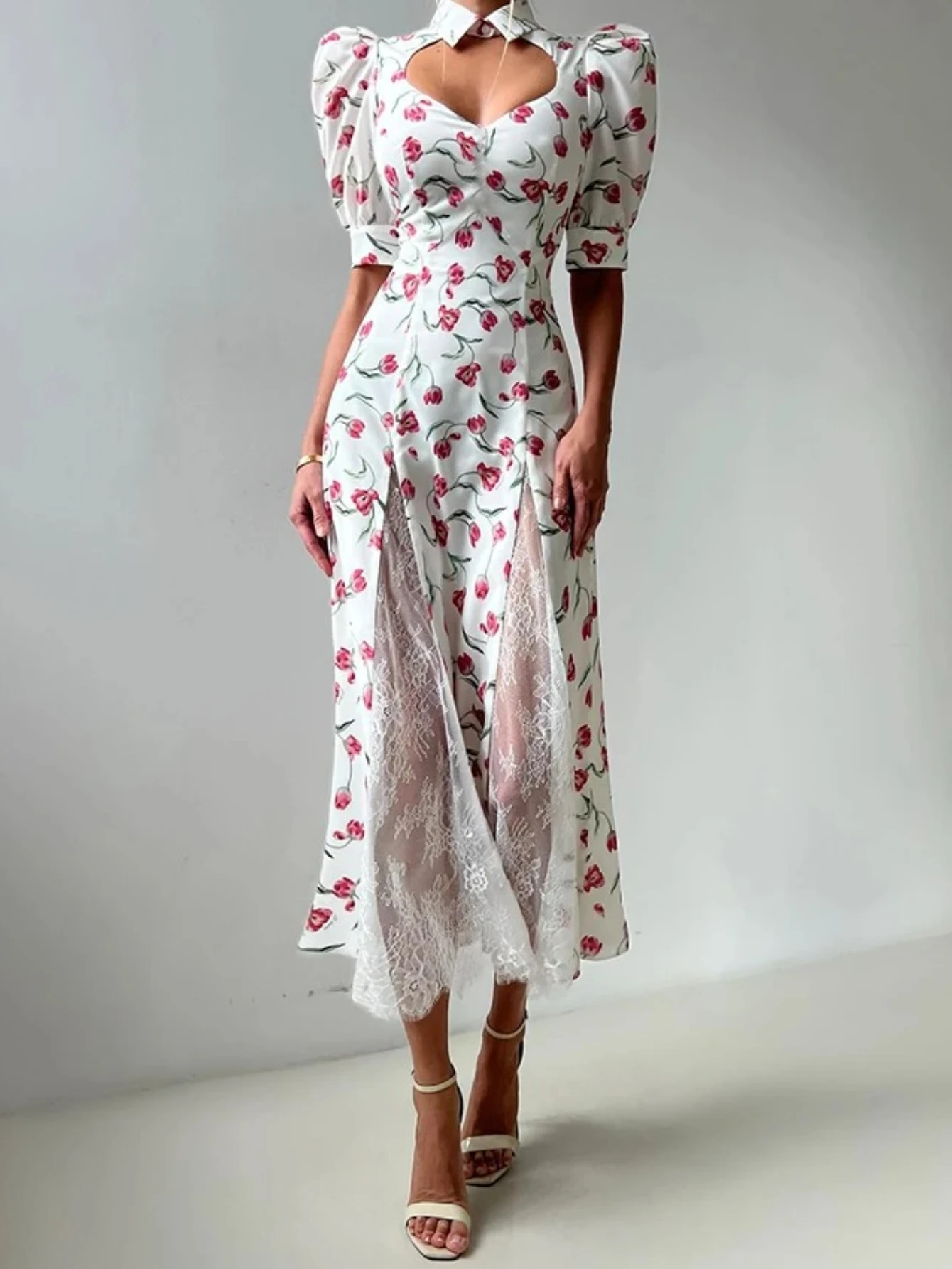 2025 new high-waisted floral print long dress, sexy cut-out lace dress, summer vacation dress with puffed sleeves