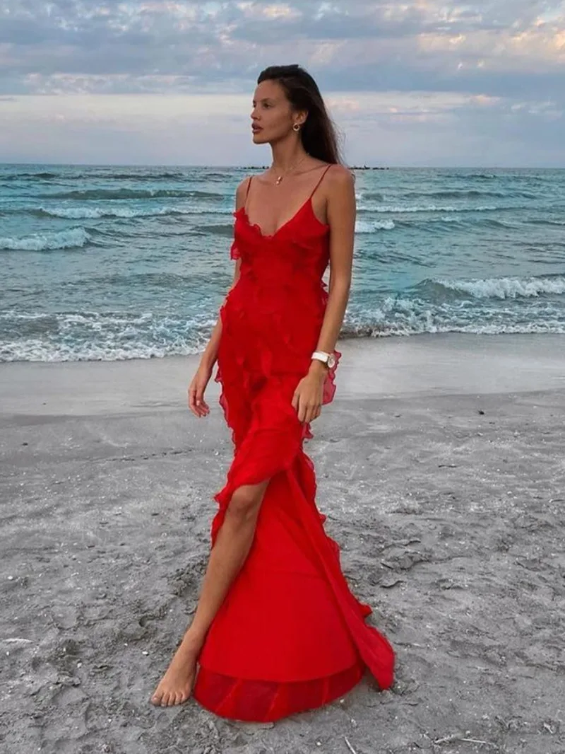 2025, Sommermode, neue elegante Damen, sexy Chiffon, Urlaubsstil, Sling-Kleid mit Rüschenrand-Stil, langes Kleid, Kleider GZV8