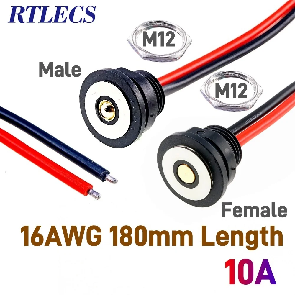 Magnetischer runder Pogo-Pin-Stecker, 10 A, männlich, weiblich, Metall, federbelastet, 1-poliges DC-Ladegerät, 16 AWG-Draht, M12-Gewinde, Gold – Detail 4