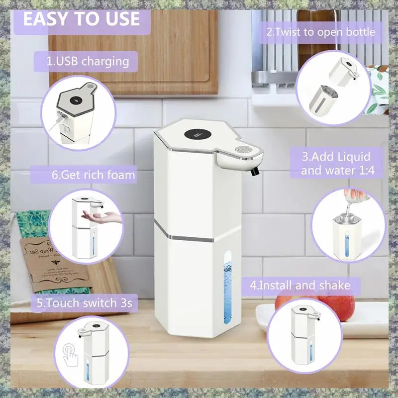 

WON Автоматический дозатор мыла Бесконтактный пенящийся: Перезаряжаемый дозатор мыла для пены Настенный монтаж для ванной комнаты