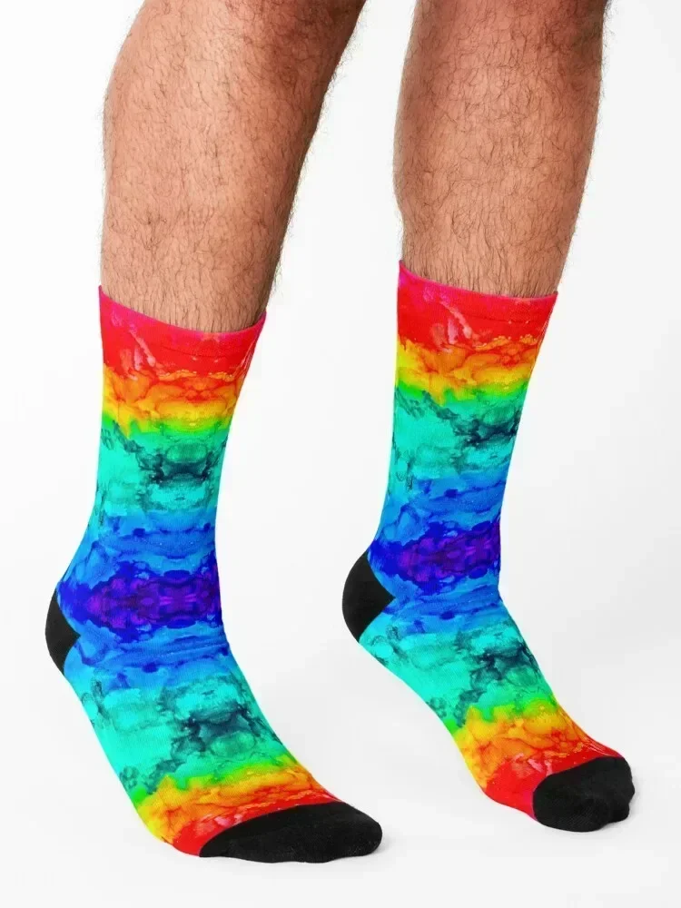 “Rainbow Rorschach” Alcohol Ink Print Socks moving stockings floor bright garter Run Socks For Girls Men's