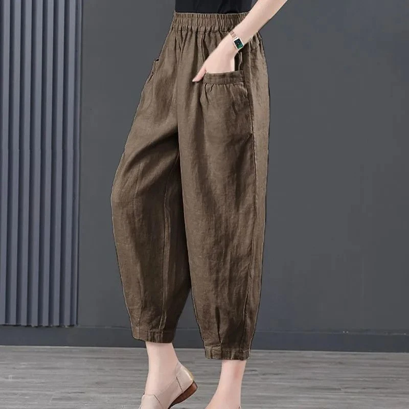 Women\'s 2024 Summer Fashion Solid Color Elastic High Waist Lantern Pocket Loose Band Mouth Ice Silk Cotton Linen Harlan Pants