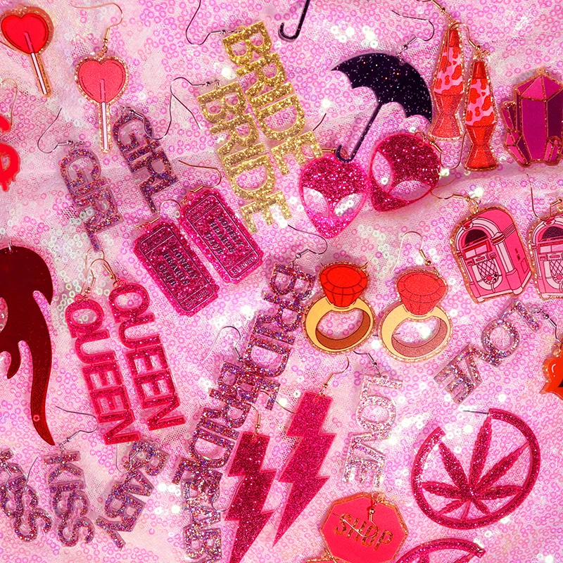 Y2K-Boucles d'Oreilles Hip Hop pour Femme, Rose, Flamme Mignonne, Salle Rock Rains, Queen Alien Set