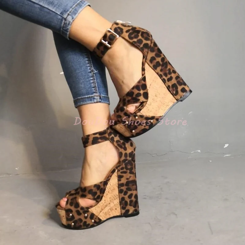 

Leopard Print Rivet Peep Toe Hollow Wedges Sandals Women Buckle Strap Ankle Wrap High Heels Fashion Trendy Summer Ladies Shoes