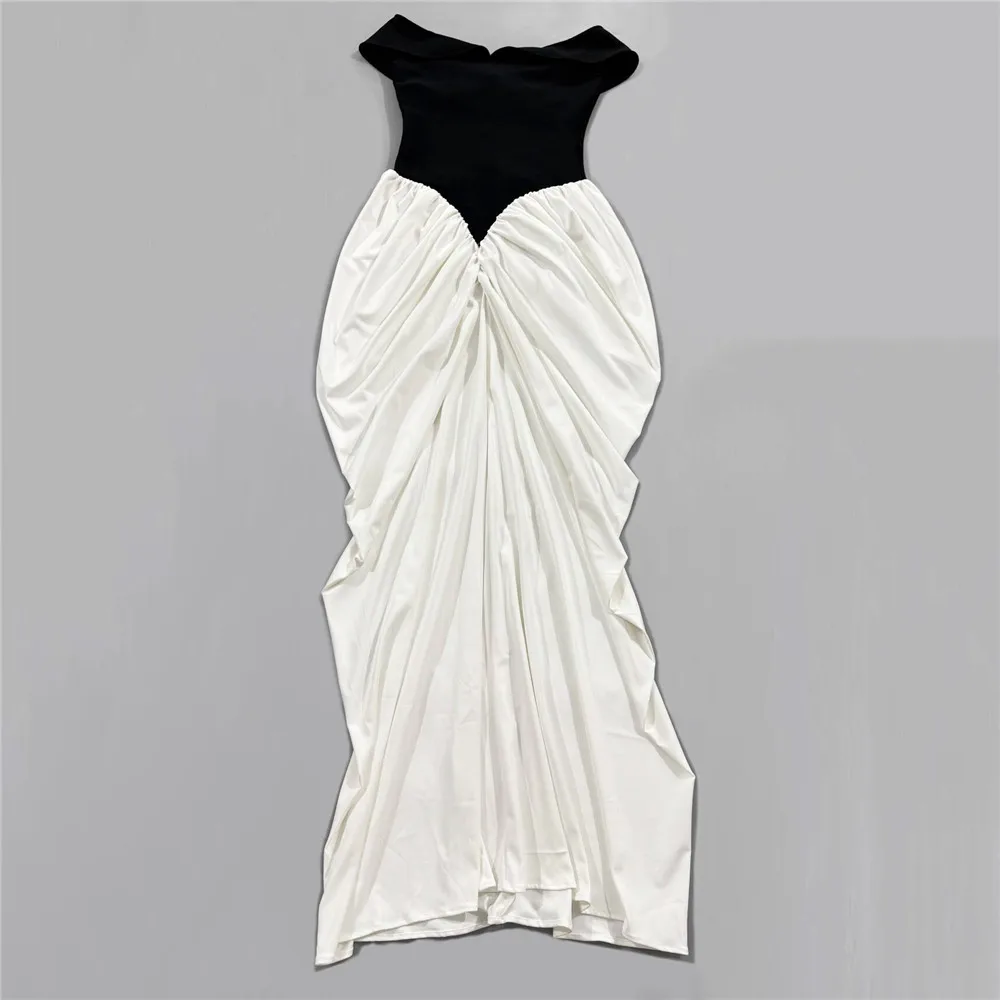 Feminino elegante retalhos bandage vestido sexy fora do ombro plissado roupas celebridade festa maxi vestidos