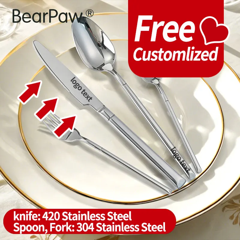 

5Set/5Pcs Free Engraving Logo Hotel Western Home Utensils Steak Knife Dessert Fork Spoon,Custom 304 Stainless Steel Cutlery