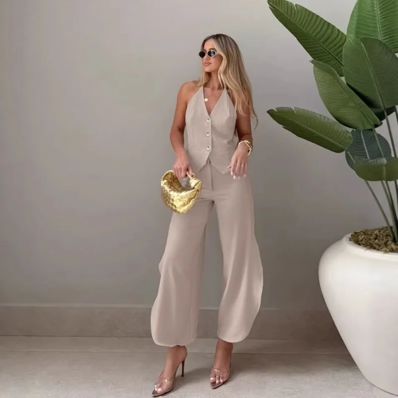 Summer Cross-border Women's Clothing Set Khaki Design Sense V-neck Sleeveless Vest Split Fork Scimitar Pants Two-piece Set  2026