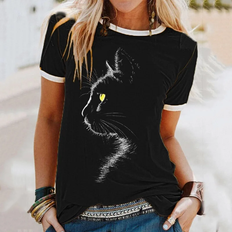 

Hot Sale Funny Crime Cat Printed Casual O Neck Women's T Shirt Summer Humor Neutral Short Sleeve Casual Creative Street Tops