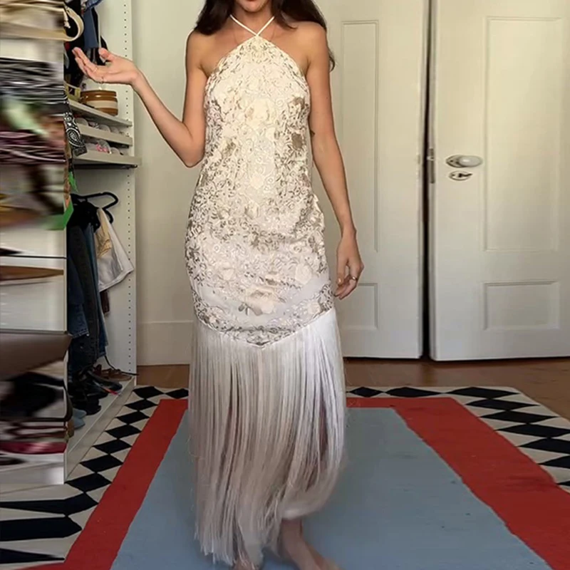 Letnia Nowa Sukienka Wieczorowa Bez Rękawów z Odkrytymi Ramionami Elegancka Satynowa Sukienka typu Halter z Blokami Kolorów Seksowna Sukienka z Dużym Odkrytym Tyłem i Frędzlami na Dole