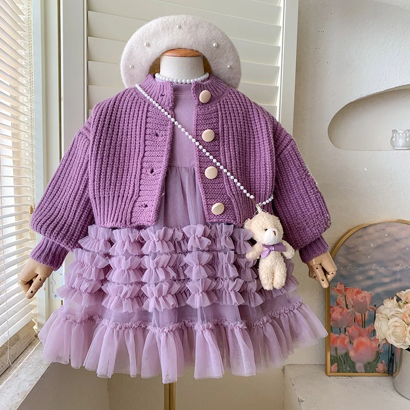 

Thiened Knitted Princ Dr with Fce for Girls Autumn Winter New Arrival Children's Clothing Set Sweet Sle Long Sle...