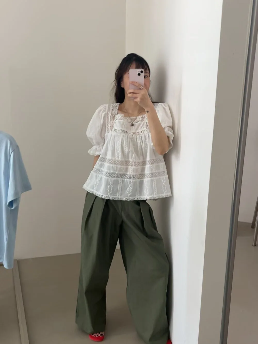 

Loose Women's Shirt Dongda Gate Lace Hollow out Bordered Bubble Sleeve Cotton Spring Season Breathable Short Sleeve Square Co...