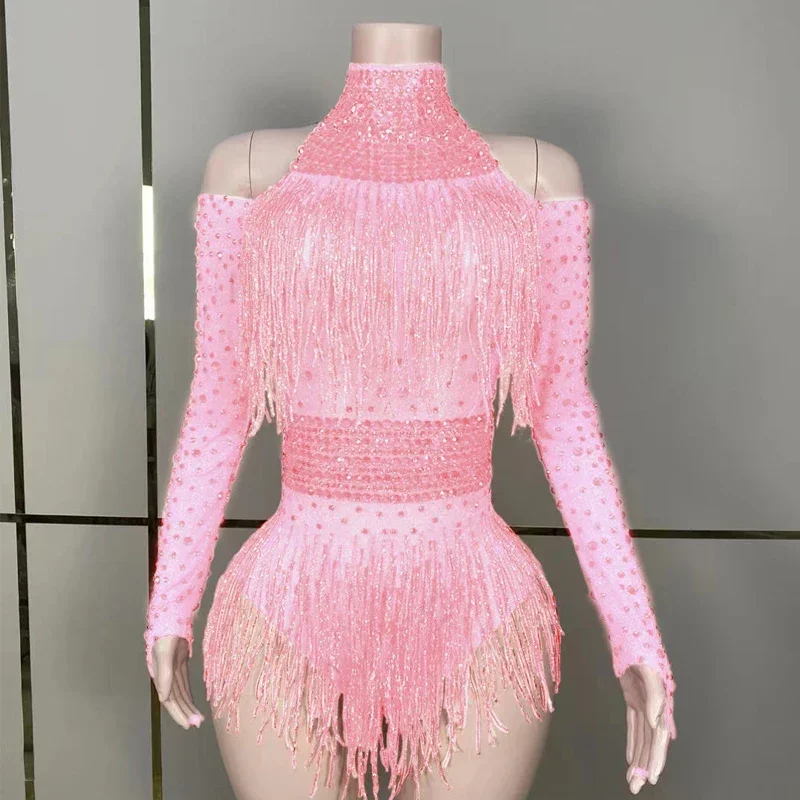 Drag Queen Costumes Red Rhinestones Fringed Bodysuit Women Gogo Dance Rave Outfit Dj Ds Stage Jazz Clothes Clubwear