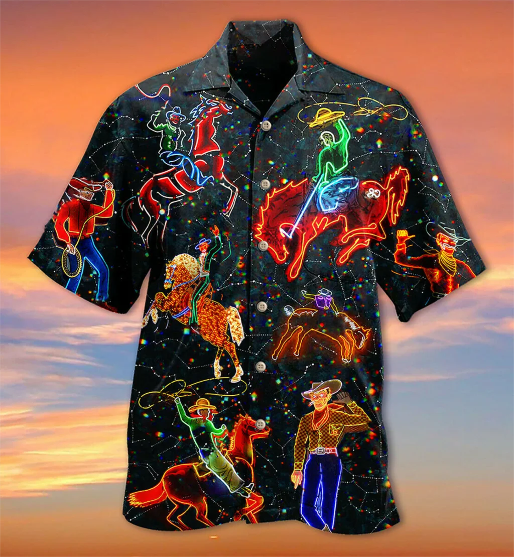 

New Hawaiian Men Shirts Neon Design Cowboys Painting Summer Party Shirts Vacation Tops for Men