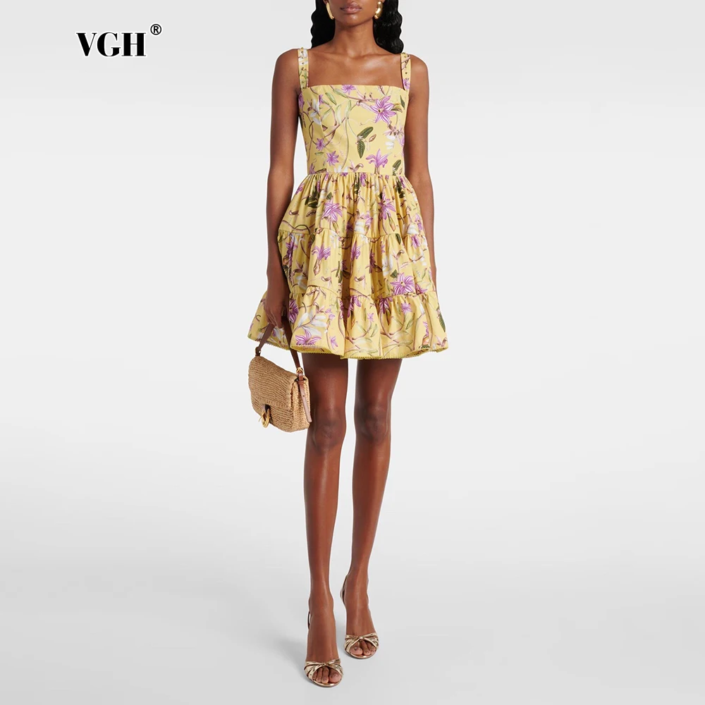 

VGH Sweet Square Neck Floral Print Ruffle Short Dresses for Women Sleeveless Spaghetti Strap Skirts for Casual Romantic Dates