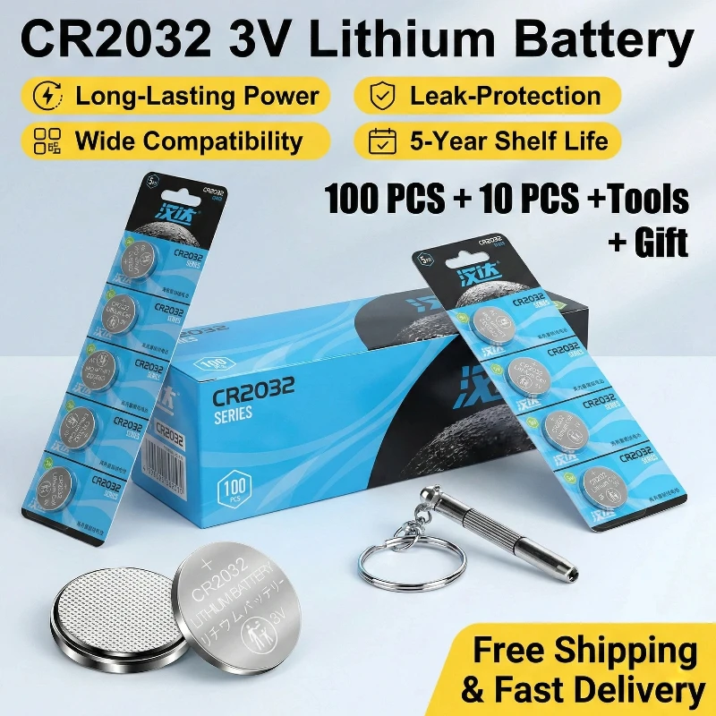 CR2032 Battery 3V Lithium Coin Cell 5-100PCS for Car Key Fob Remote Watch Calculator CMOS Electronic Toys Button Battery