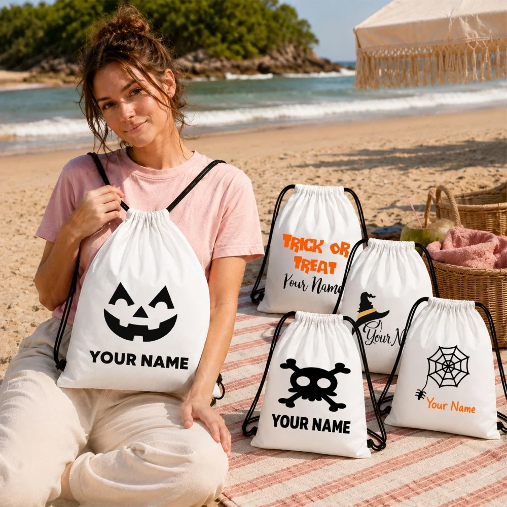 5 Pack Personalized Mixed Halloween Drawstring Backpack Set Custom Name Kids Trick Or Treat Candy Bags Storage Gift Sacks