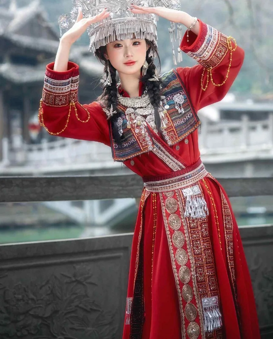 Miao Nationality Costume Female Miao Tujia Girl Ethnic Red Suit Studio Stage Photo China Minority Performance Costume Women