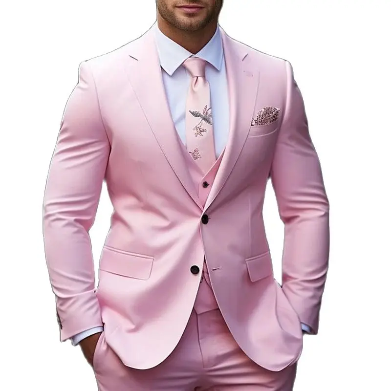 Formal Pink 3 Piece Jacket Pants Vest Notch Lapel Slim Fit Wedding Full Set Elegant Groom Clothing Chic Men\'s Suits Tenro Blazer