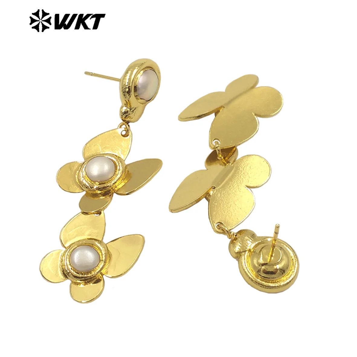 WT-MPE129 WKT Trendy European 18K Real Gold Plated Resist Tarnishable Elegant Summer Double Butterfly Pearl Earrings