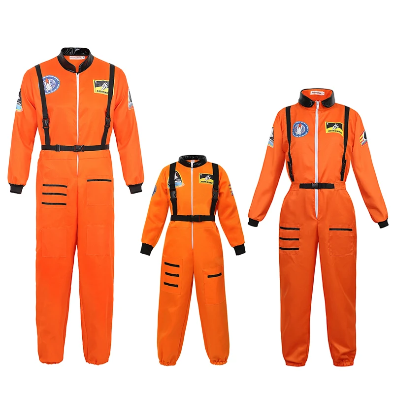 Women Astronaut Costume Men Adult Kids Family Astronaut Costume Plus Size Jumpsuit Zipper Space Suit Uniform Pink White Blue