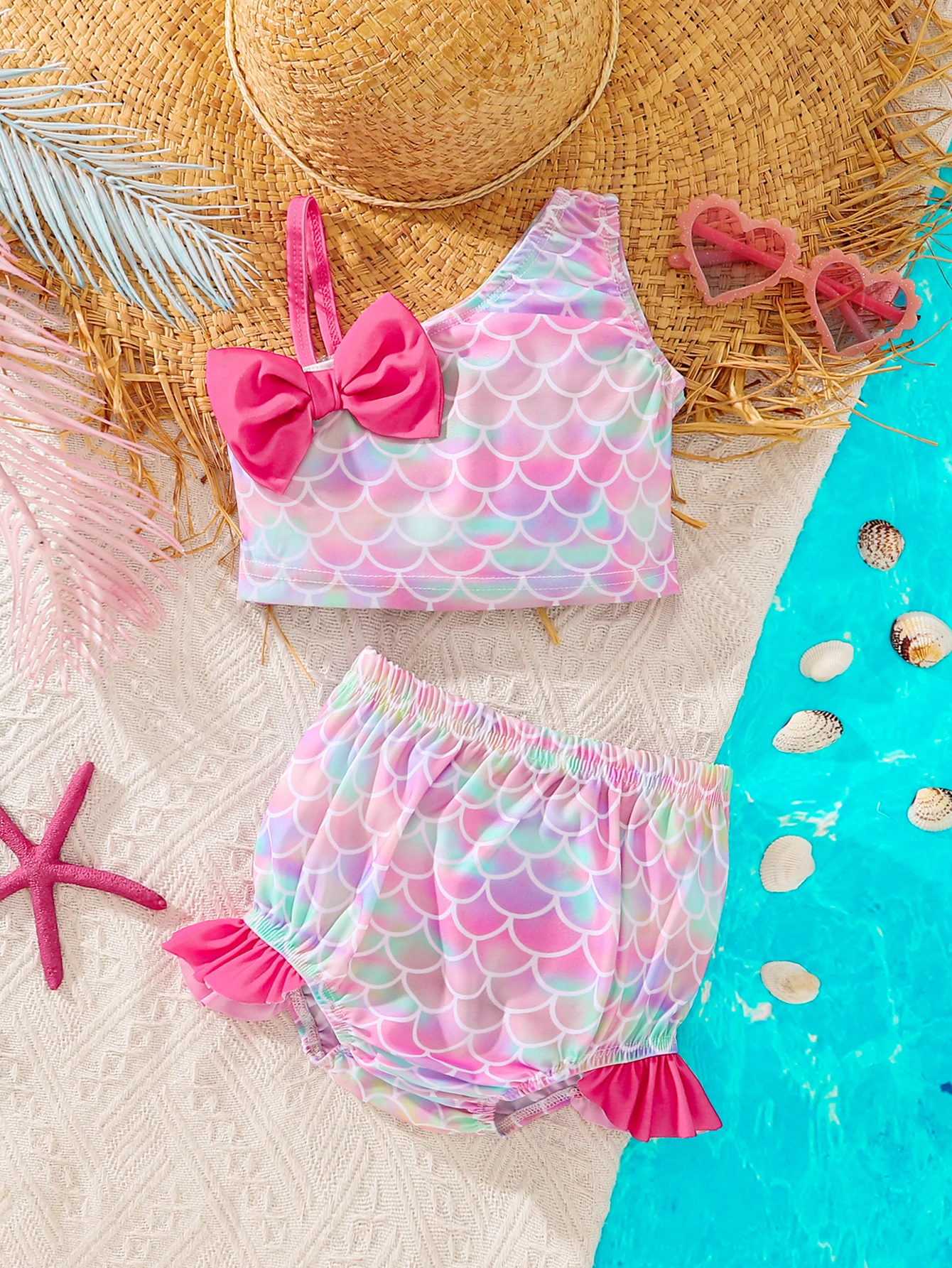 2pcs Summer Girls Rainbow Mermaid Scale Bikini Set, One Shoulder Bow Ruffle Swim Shorts, Dreamy Princess Swimsuit, Beach/Pool