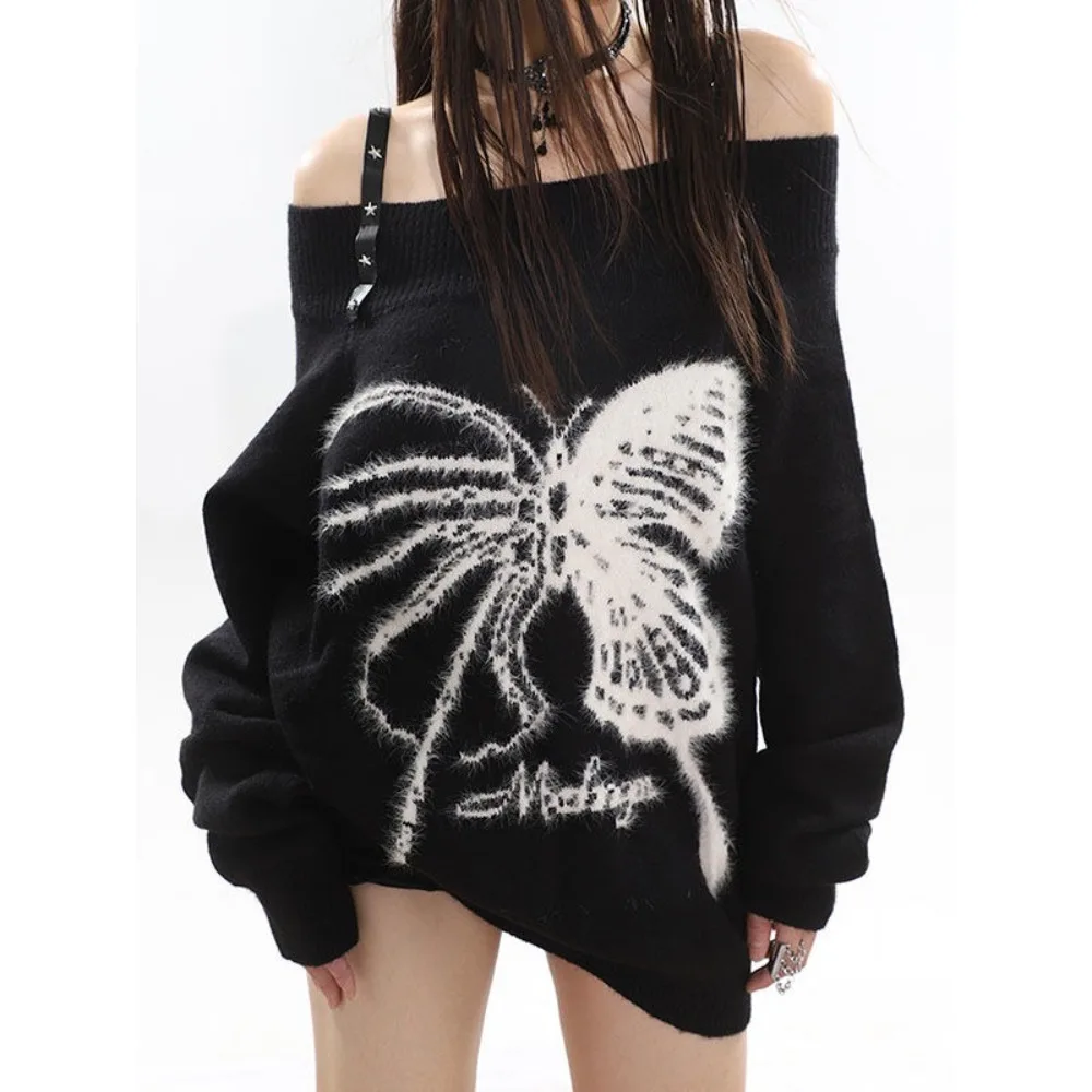 Women Dark Gothic Off-Shoulder Knit Tops Autumn Winter Y2k Harajuku Print Loose  Sweater Fashion Ladies Knitwear Pullover New