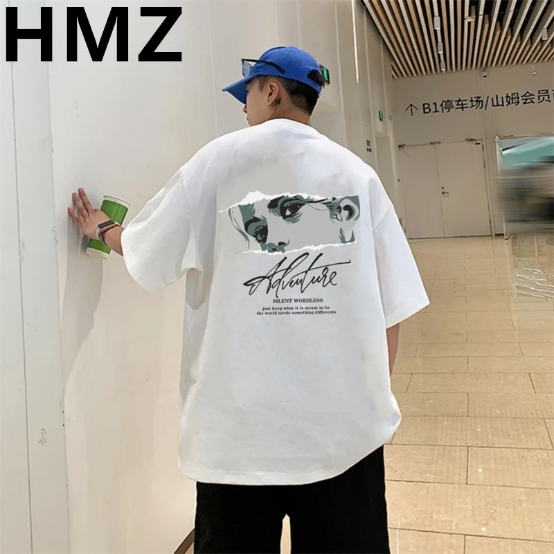 Hmz-男性用の特大Tシャツ,綿100%,カジュアル,ファッショナブル,クラシック,コミック,ストリート,夏