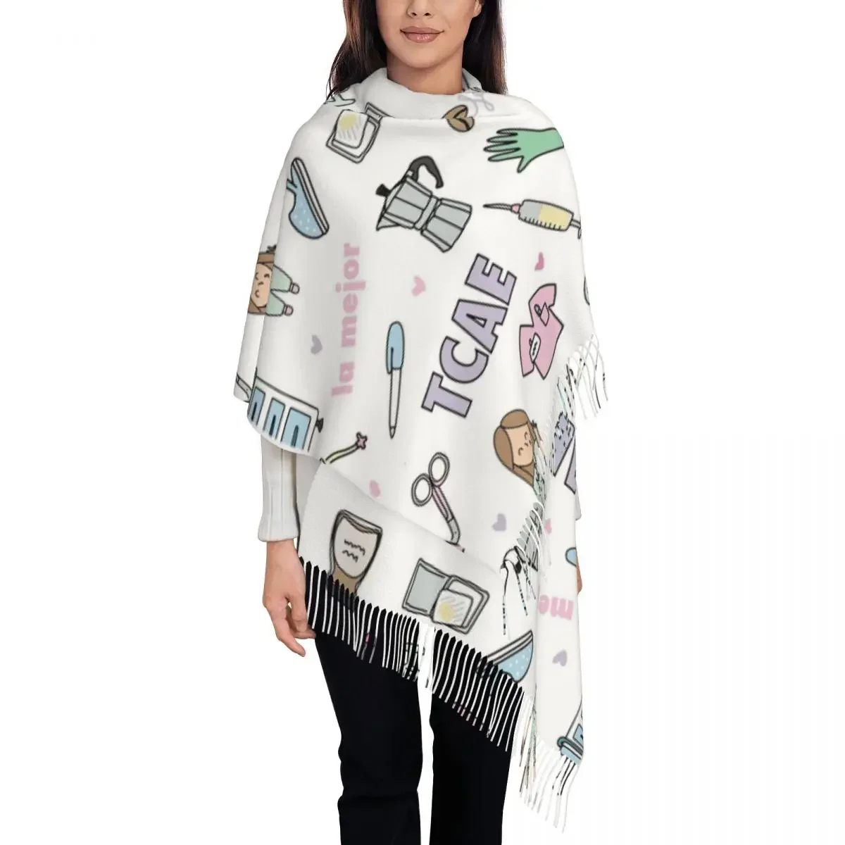 Grande desenho animado Doctor Nurse Cachecóis para Mulheres, Soft Warm Tassel Shawl, Wraps cachecol para senhoras, inverno e outono