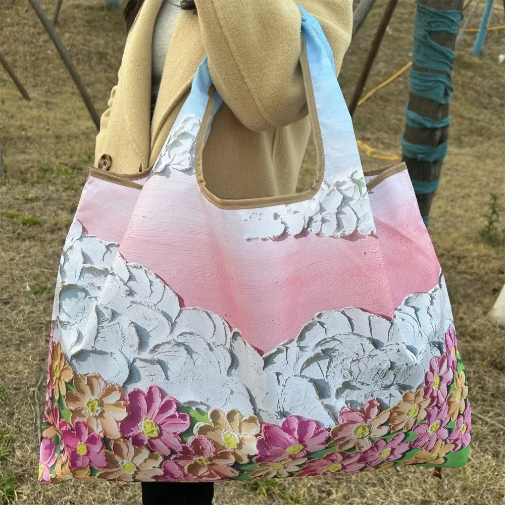 Oil Painting Print Folding Shopping Bag Large Capacity Portable Design Grocery Bag Positioning Design Foldable Feature Tote Bag view 3