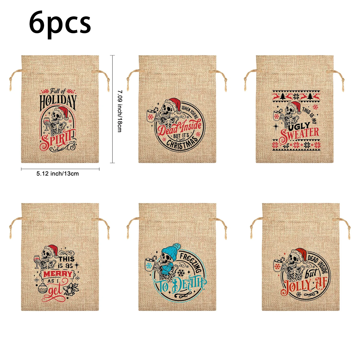 6pcs 5x7in Skeleton Christmas Burlap Bags Christmas Linen Treat Sacks Gift Wrapping Bags Xmas Holiday Party Favors Bags Decor