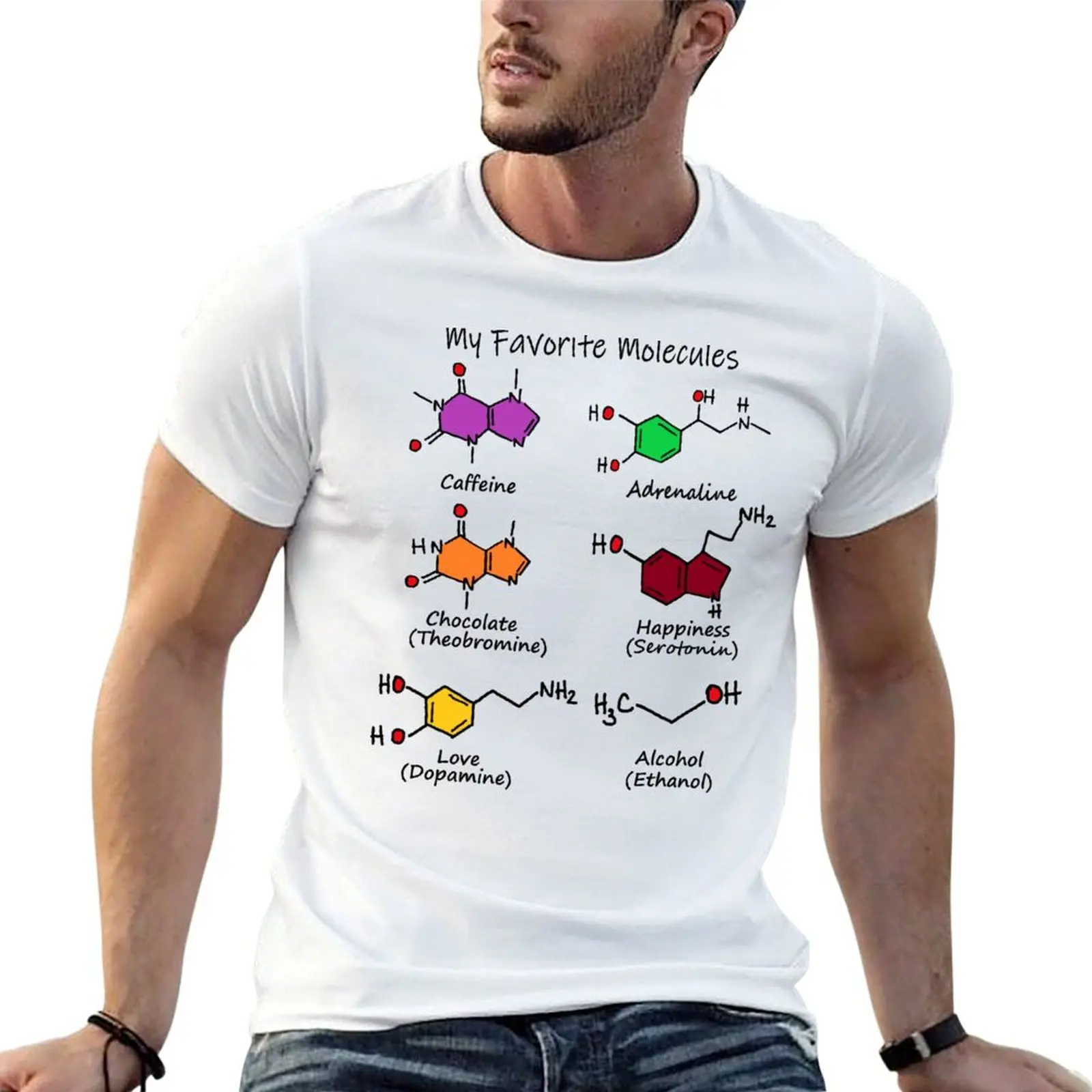 

Chemistry is awesome- My Favorite Molecules: caffeine, adrenaline, chocolate, happiness, love, alcohol T-Shirt
