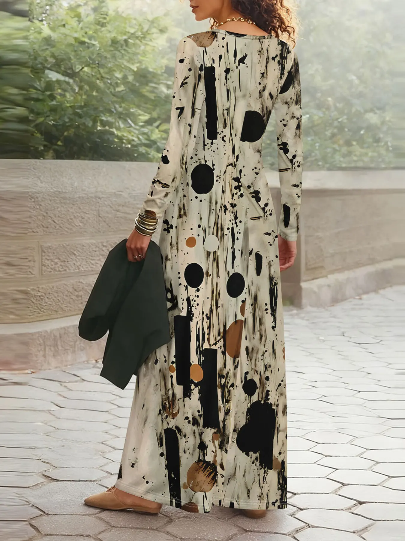 Printed design Casual Style Abstract Black Brown Circle Print Women's Long Sleeve Dress