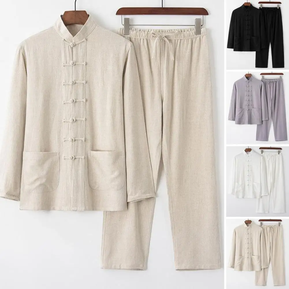 Two-piece Men Outfit Chinese Style Two-piece Men's Set with Stand Collar Shirt Disc Buckles Pockets Drawstring Elastic Waist