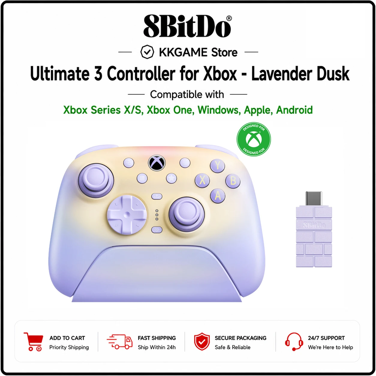 8BitDo Ultimate 3 Wireless Controller for Xbox Series S/X, PC, Android, Apple, TMR Joysticks, 1000Hz Polling Rate -Lavender Dusk