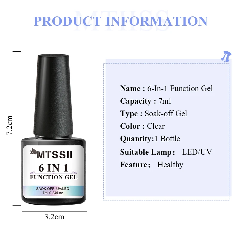 Mtssii 7ML 6 IN 1 Gel per colla per unghie per unghie acriliche Soak off Base Gel Top Coat Gel per unghie con estensione UV Gel per unghie finte