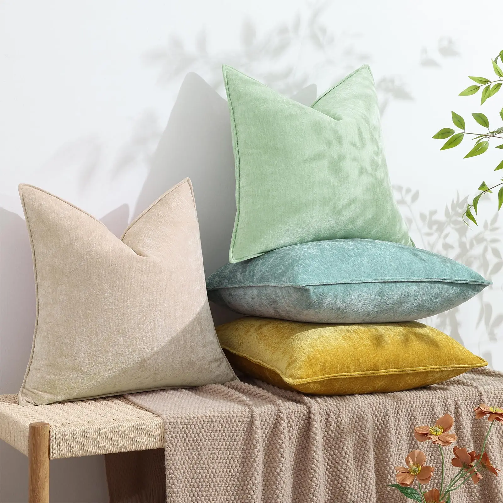 مجموعة أغطية وسائد رمي الأريكة مكونة من قطعتين، أغطية وسائد من الشنيل المحايدة الناعمة المزخرفة مع تصميم أنيق لديكور المنزل والأريكة