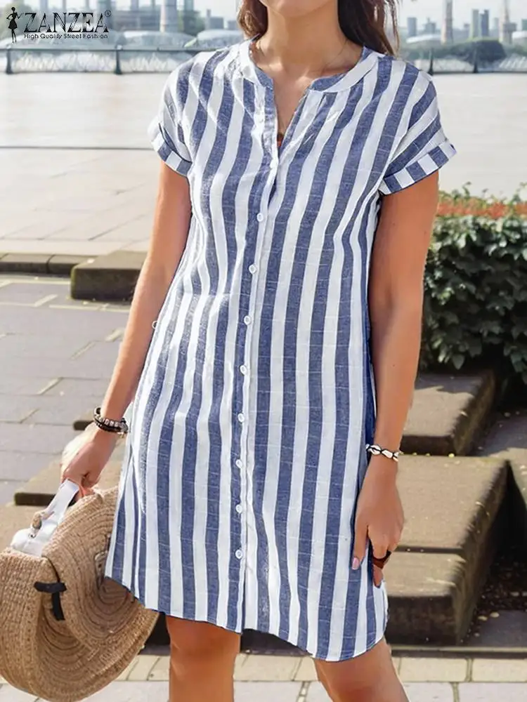 ZANZEA Women Summer V Neck Short Sleeve Sundress Fashion Striped Work Dress Buttons Knee-length Robe Bohemain Holiday Vestidos