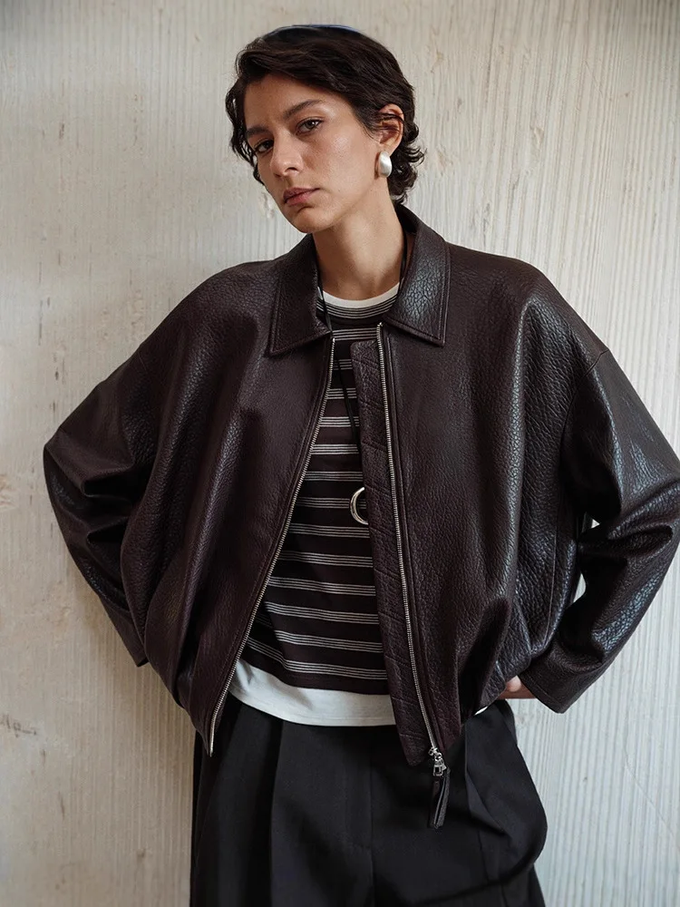 女性のルーズフィットショートジャケットコート秋冬ラムスキンナチュラルテクスチャフォームレザーシープスキン暖かいカジュアルアウターウェア