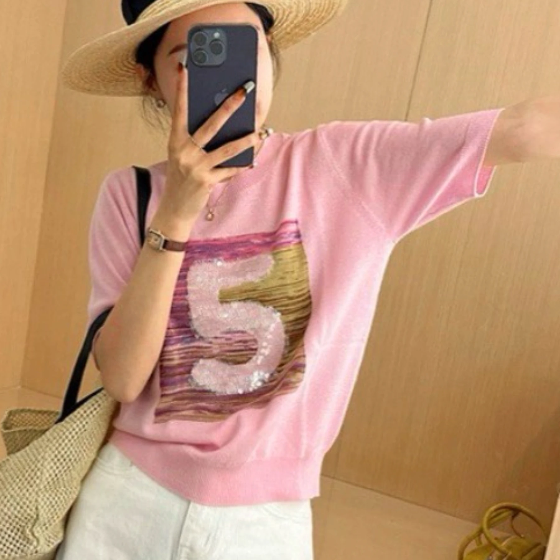 2024 Summer Sequins Sweater Women Knit Pullover T-shirts Short Sleeve O-neck Tees Tops Casual Fashion Loose Stylish Jumpers