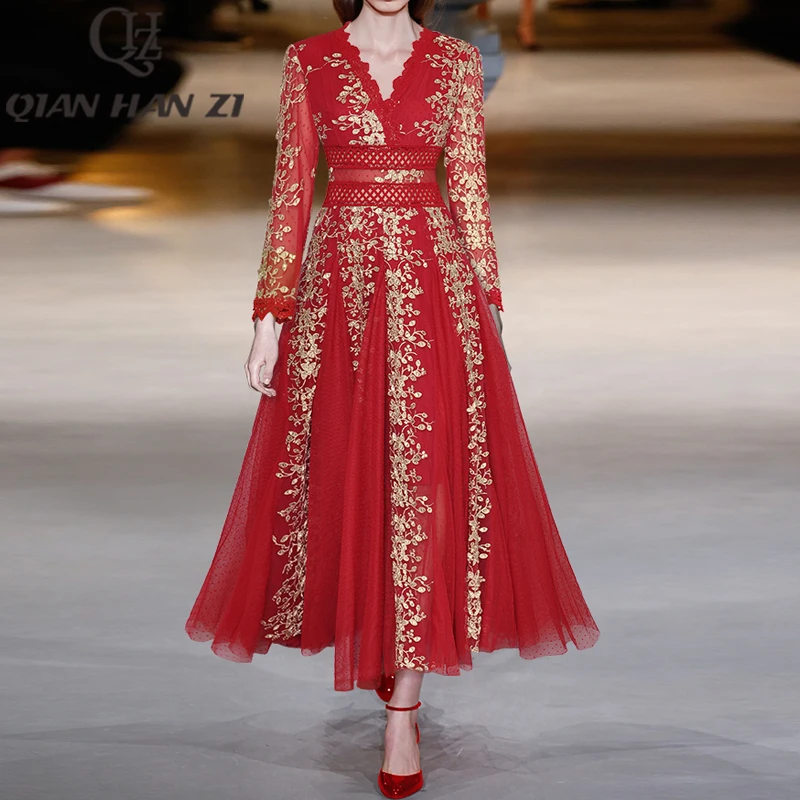 

QHZ designer fashion formal dresses long For women V-neck High quality Lace Mesh gold thread embroidery Slim party Maxi Dress