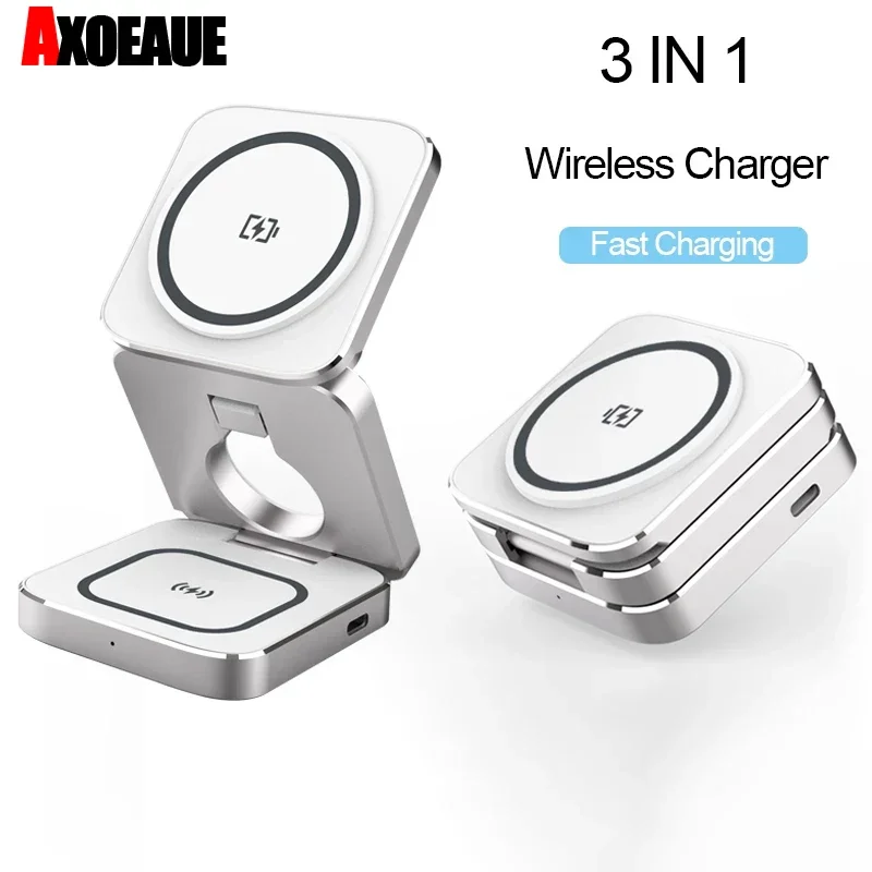 3 In 1 Aluminum Alloy Wireless Charger for MagSafe Foldable Charger Holder for iPhone 15/14/13 Pro Max Plus AirPods 3/2 iWatch