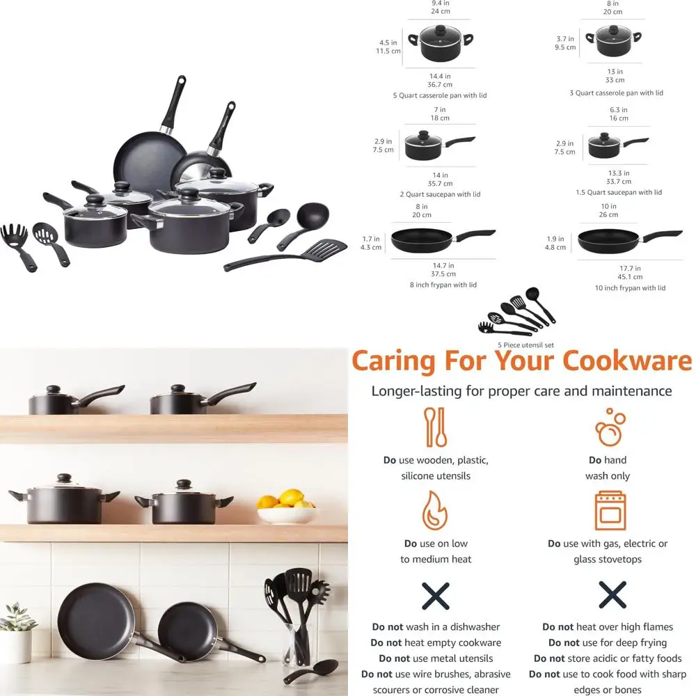 

amazon basics non stick kitchen cookware 15-piece set, non-induction, includes pots, pans, and utensils, black