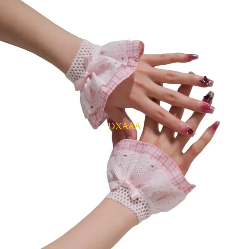 

DXAA 2000S Ruffle Lace Faux Sleeves Wrist Cuffs With Bowknot Decors for Women Teens Japanese School Uniform Wrist Decoration