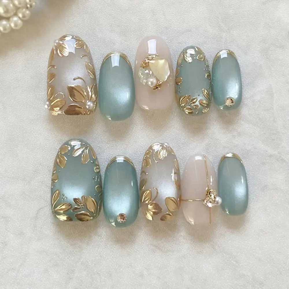 24pcs Manicure Oval False Nails Green Grape Cat Eye French Fake Nials Sparkling Fragments Detachable Press on Nails DIY