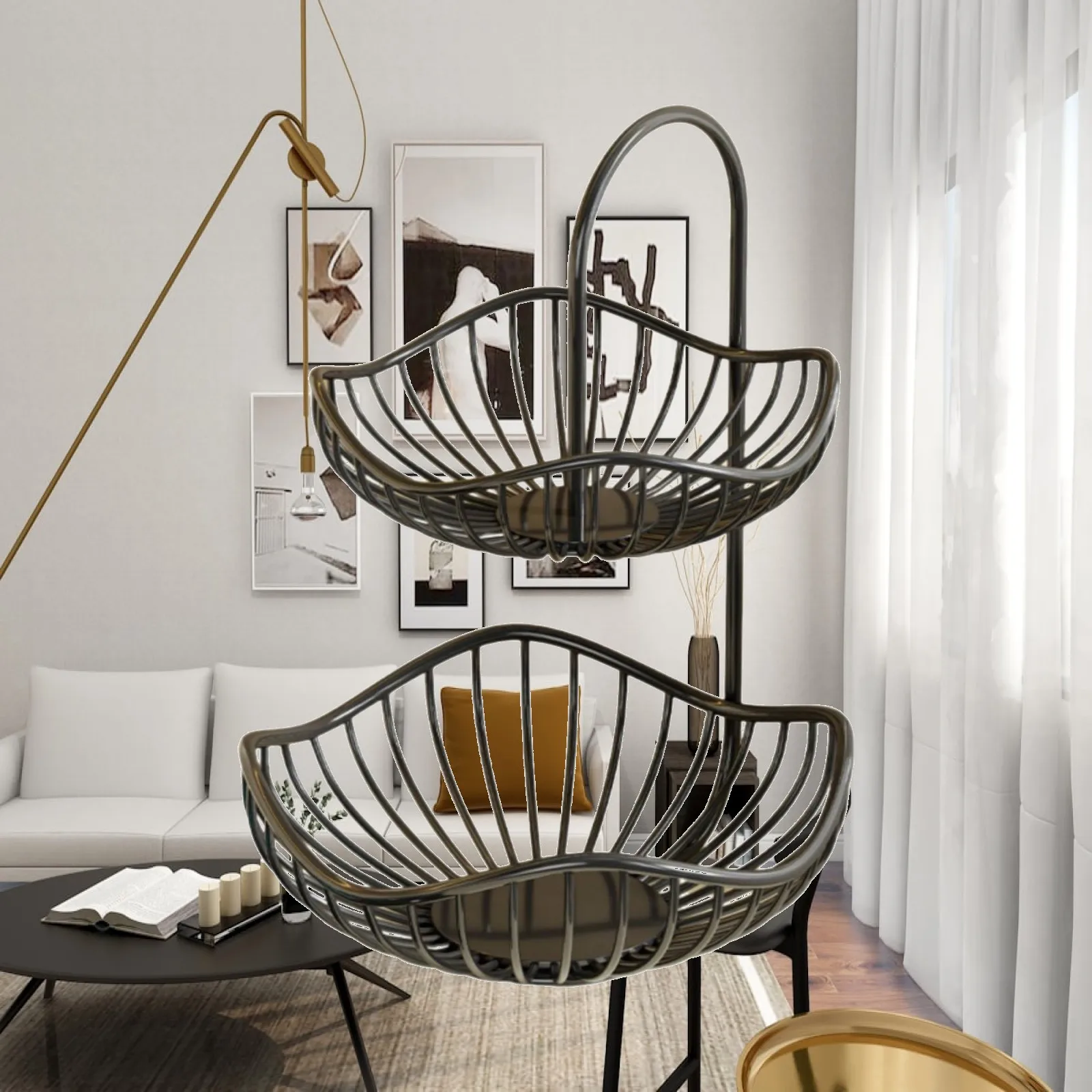 2-Tier Fruit Basket Kitchen Countertop Organizer Storage Rack Long-Lasting Holder Metal