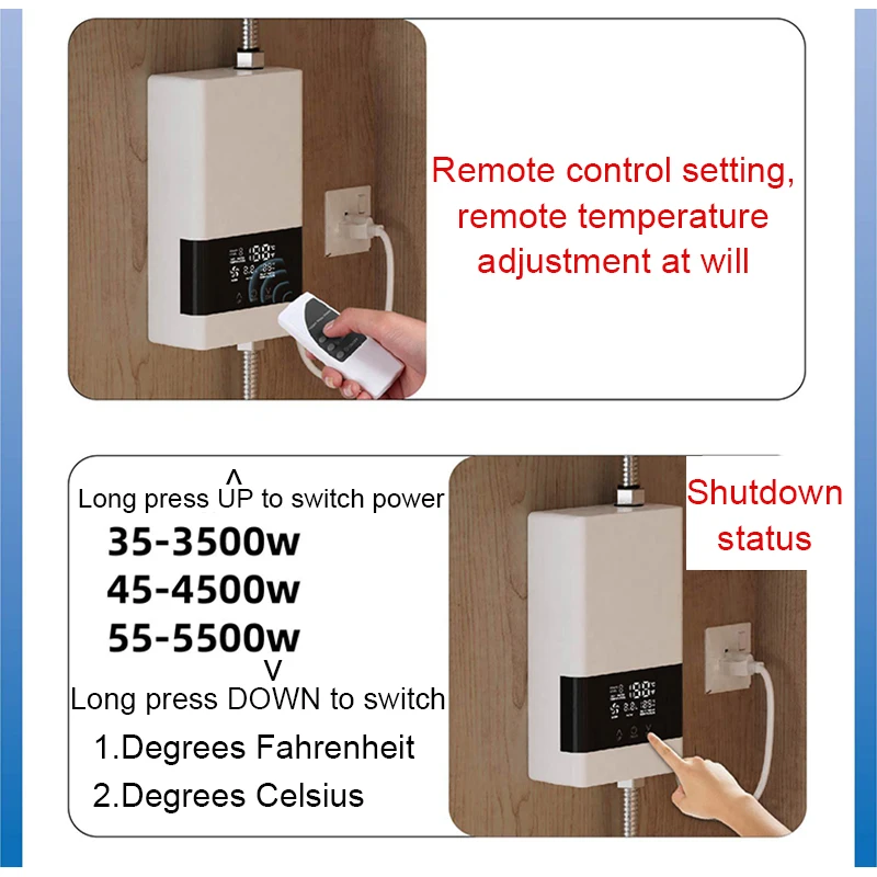 Chauffe-eau électrique sans réservoir, robinet de cuisine, chauffage instantané, réglage de la température, douche chaude, télécommande