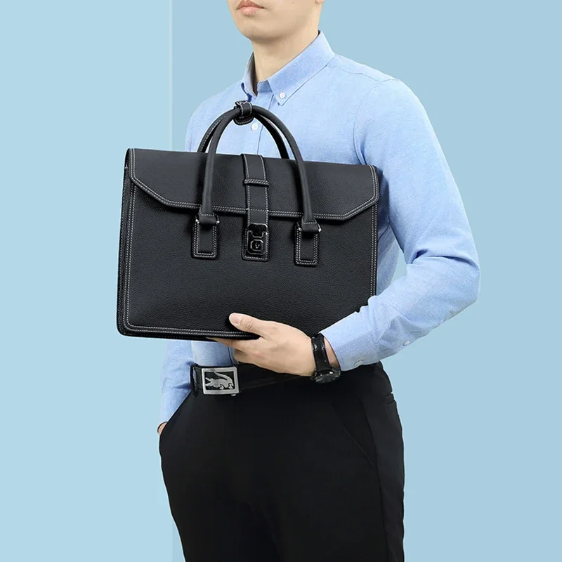 Genuine Leather Top Layer Cowhide Luxury Briefcase for Man Document Laptop Handbag Tote Shoulder Business OL Portable Bag
