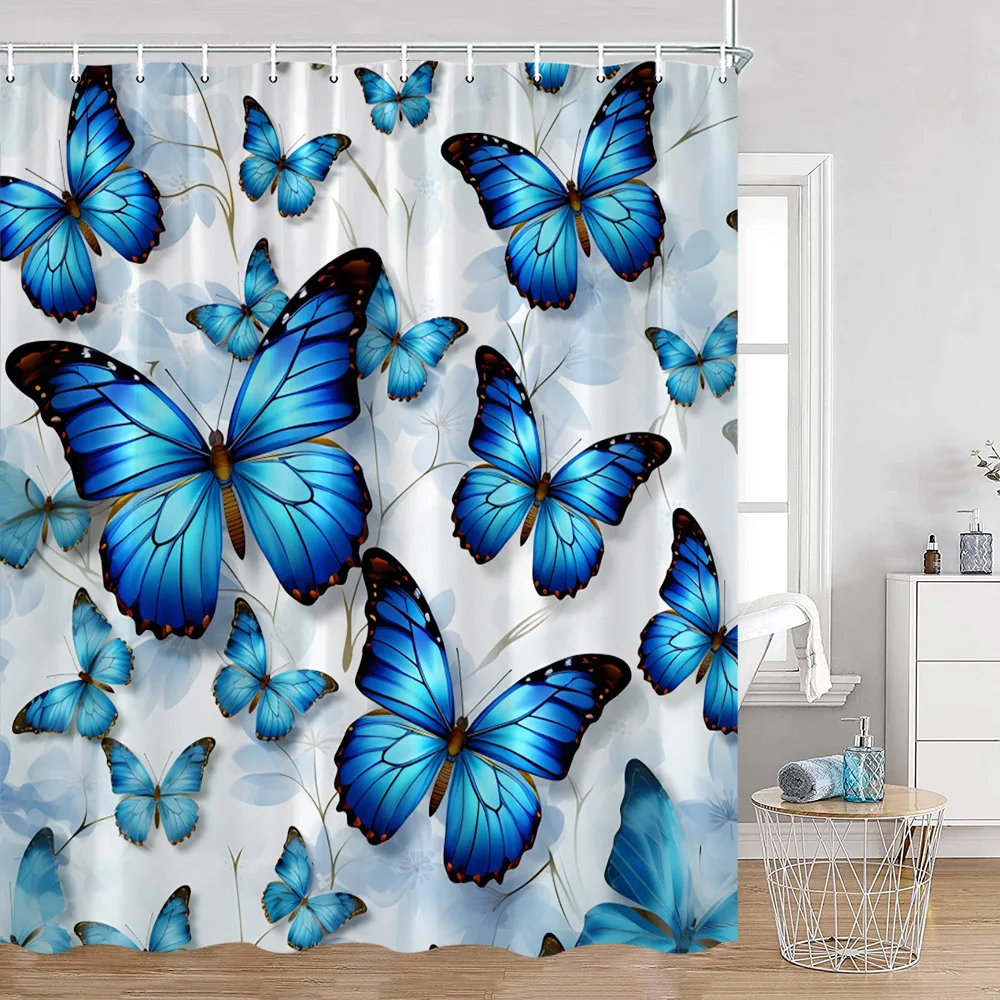 Blue Butterfly Shower Curtains Romantic Purple Floral Watercolour Art Bath Curtain Set Fabric Bathroom Bathtub Decor with Hooks