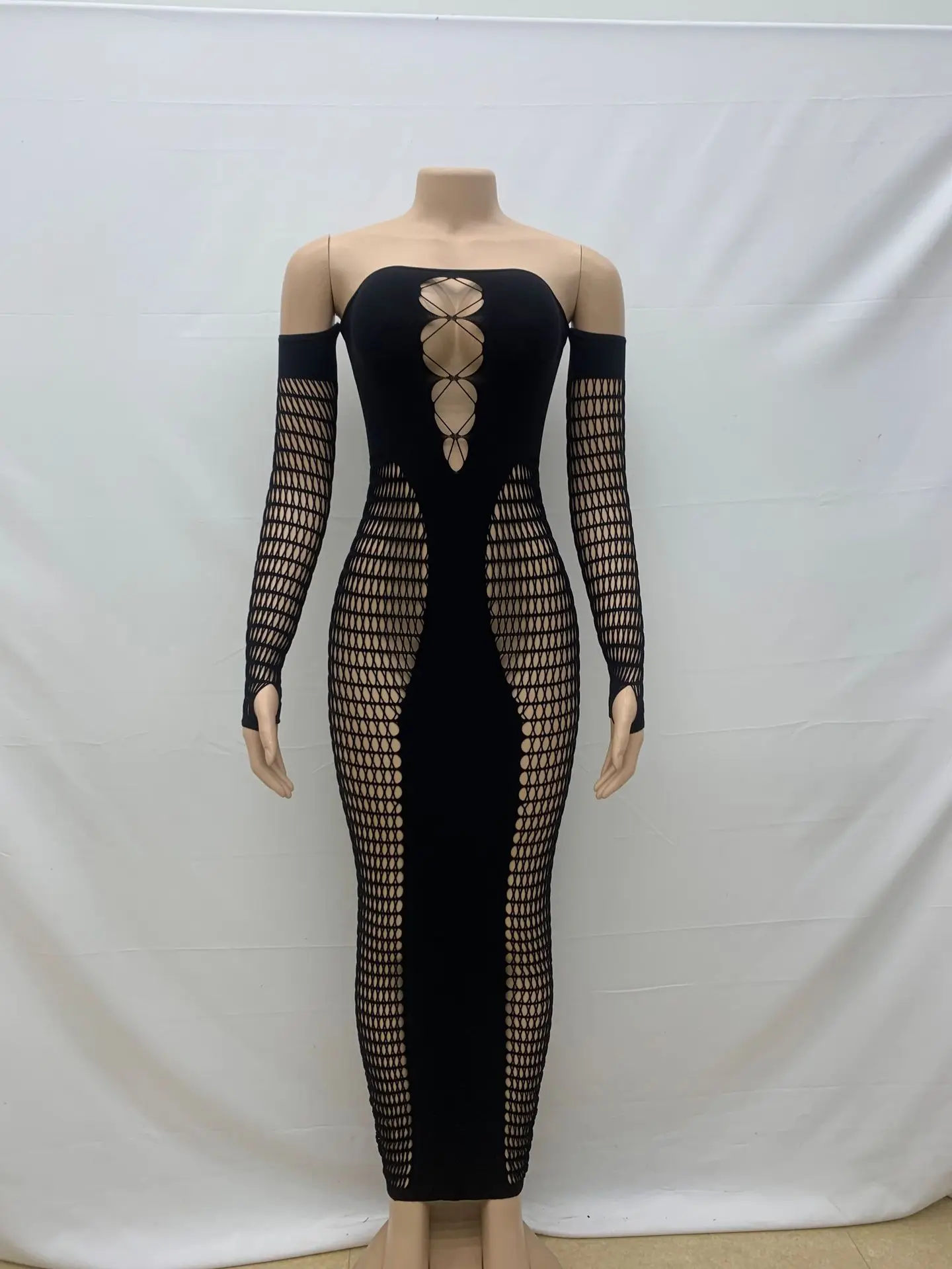 Vestido Bodycon de malha sem encosto de uma peça, Mangas compridas, Hollow Out, Sexy Robes Fit, Vestido de quadril embrulhado, Bandagem monocromática, Vestidos Midi